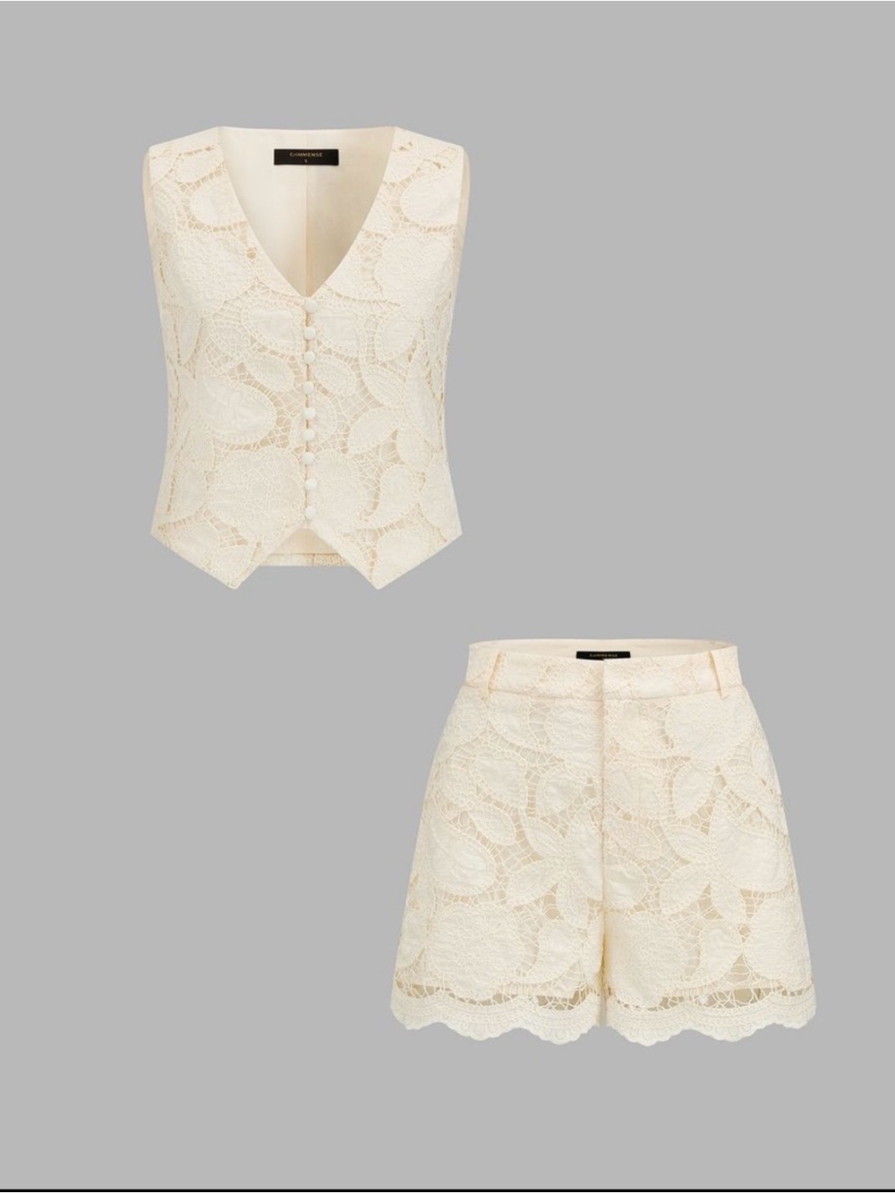 Commense Beige Guipure Lace Two Piece Shorts Set
